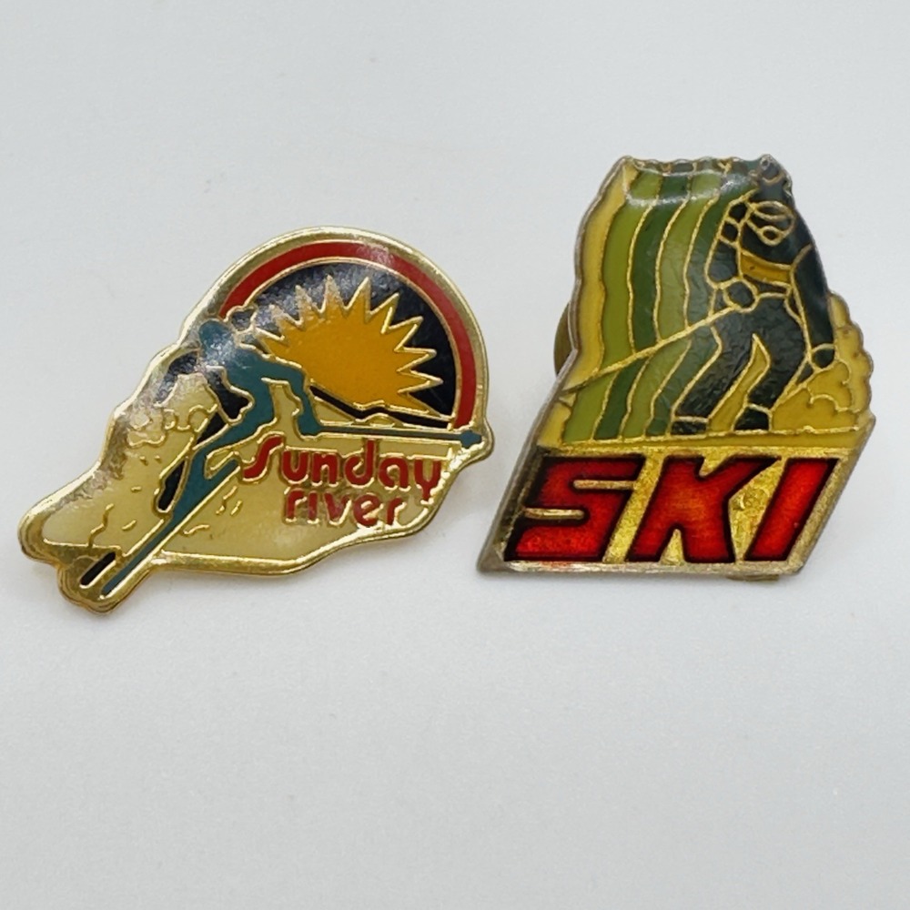 Vintage Skiing Enamel Pin Lot Sunday River Maine & SKI Taiwan ROC Lapel Pins